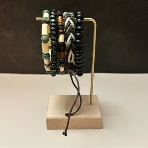 5 Piece Brown Green Black Grey Beige White Beaded Woven Bracelet Set